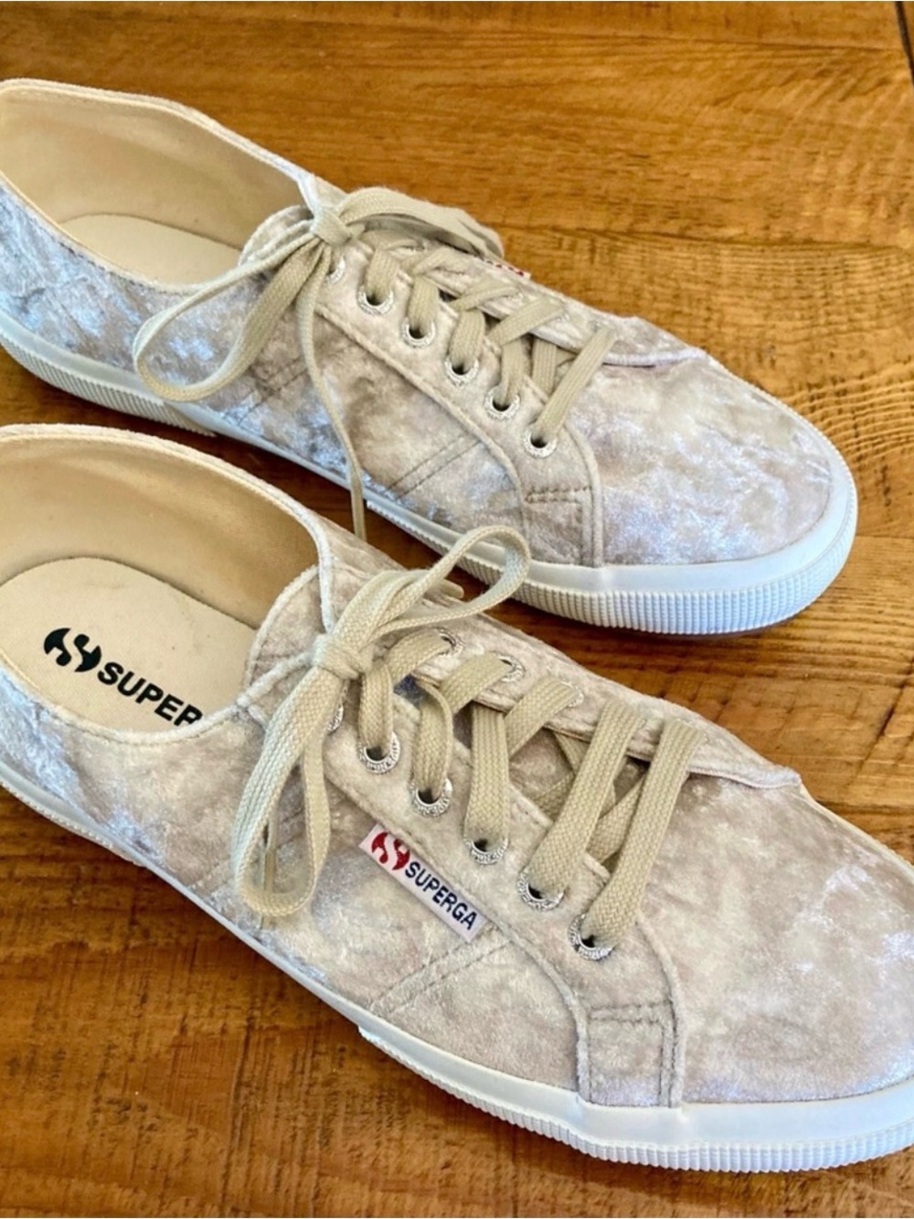 Superga Cream Velvet Low-Top Sneakers with Red & Blue Logo